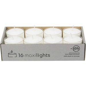 16 Maxi Teelichter im Acryl-Cup, Weiß, transparente Hülle, ohne Duft, Kerzen