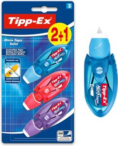 Tipp-Ex Micro Tape Twist Korrektur-Roller, mehrfarbig (nicht auswählbar) 8 m Länge, 5 mm Breite, Blister, 3 Stück