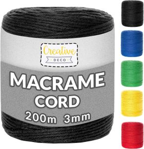 Creative Deco 200m Schwarz Makramee-Garn Baumwoll-Kordel Baumwoll-Schnur | 2-3 mm Dick 15-lagig Schnur | Große Rolle Naturliche Stark | Perf