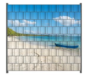 Wallario Zaunsichtschutz mit Motiv Boot an einem tropischen Strand für Ein- und Doppelstabmatten Zäune in der Größe 200 x 180 cm