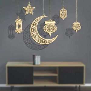 Eid Mubarak Dekoration Set Holz Anhänger Ornament 6 Stück, Ramadan Hängende Dekoration, Halbmond Sterne Stil Festliche Atmosphäre Wandbehang Ornament für Muslim Ramadan Party, 6 Stück,