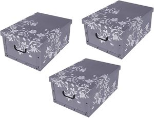 Set: 3 x XXL Dekokarton mit modernem Muster "Barock Blumen Grau" - Maße: ca. 51 x 37 x 24 cm