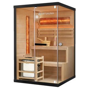 Artsauna Saunakabine Vantaa 120 mit Salzstein - Indoor Sauna 2 Personen - 3,5kW Ofen, Glasfront, LED Licht, Thermometer & Sanduhr - Komplett Set
