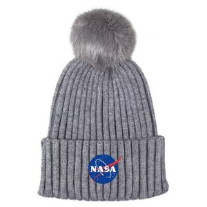 NASA Strickmütze mit Bommel / Pompons, Bommelmütze, grau mit Schriftzug und Logo, 54