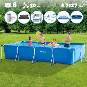 Intex-Schwimmbecken mit rechteckigem Rahmen – 450 x 220 x 84 cm – Blau – im Lieferumfang enthalten Abdeckung - Bodenplane - Filterpumpe für Schwimmbad - Solarmatte - Wartungspaket - Reinigungskit
