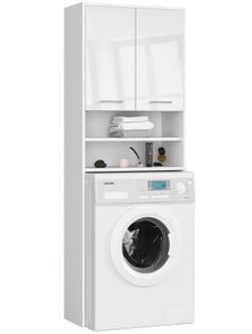 3xEliving Skříňka na pračku KORALIA se 2 dveřmi, na pračku nebo sušičku, vysoká skříňka Koupelnová polička Koupelnová skříňka v bílé barvě/bílý vysoký lesk