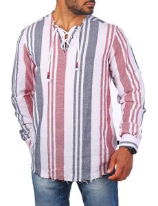 Carisma Herren Stehkragen vintage Tunika Hemd mit Schnürkragen langarm mit trendigen Längsstreifen retro kontrast Look 8534, Grösse:M, Farbe:Rot Blau gestreift