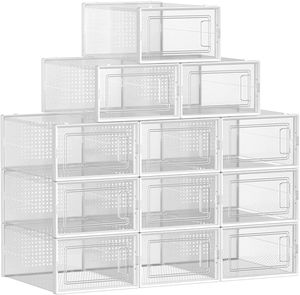 SONGMICS Schuhboxen, 12er Pack Schuhkartons, faltbar und stapelbar, bis Größe 44, transparent-weiß LSP12SWT