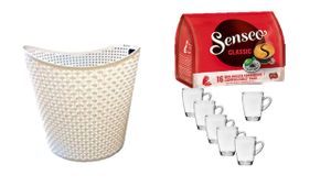 Senseo Kaffeepads Classic für geeignet Senseo und weitere Kaffeemaschinen Aktion+ 6 Kaffeebecher mit Henkel plus Wäschekorbaktion Rattan-Design 27 Liter