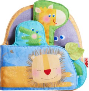 HABA Stoffbuch Wilde  Tiere 18x18cm, 4 Tiermotive mit Löwe, Krokodil, Giraffe und Elefant,, ab 6 Monaten