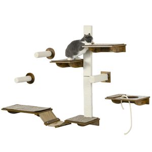 PawHut Katzen Kletterwand Set, 8-teilig Katzenmöbel mit Kratzbäumen, Sitzstangen, Kratzbrett, Katzentreppe, Sisal, Braun