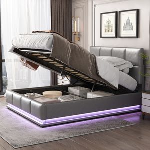 Flieks Čalouněná postel s LED, hydraulická postel Boxspring 140x200cm s lamelovým roštem, úložný prostor, manželská postel Dřevěná postel z umělé kůže