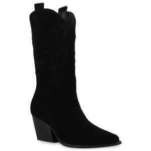 VAN HILL Damen Cowboystiefel Stiefel Stickereien Schuhe 840054, Farbe: Schwarz Velours, Größe: 38