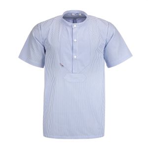 modAS Uni Fischerhemd Sommer Kurzarm-Shirt mit Stehkragen - Gestreiftes Hemd im Finkenwerder-Stil in Azur-Weiß Größe Damen 40 – Herren 46