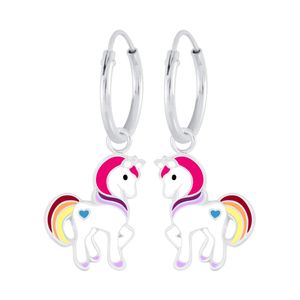 Silberne Ohrringe mit Anhänger, Einhorn mit vielen Farben