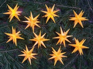 Sternenkette, Lichterkette mit 10x LED Adventsstern, Außenstern, Weihnachtsstern Ø 12 cm, Länge 12,5 m, mit Timer - Gelb, Kunststoff, Weihnachtsstern, Adventsstern