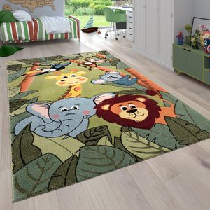 Kinderzimmer Kinderteppich für Jungen mit Tier u. Dschungel Motiven Kurzflor Grösse 200x290 cm