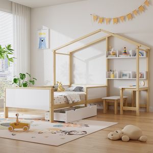 Flieks Kinderbett 90x200cm mit Schublade, Kinderbett Hausbett mit Schreibtisch und Hocker, Holzbett Einzelbett mit Regal für Kinder, Naturbelassen