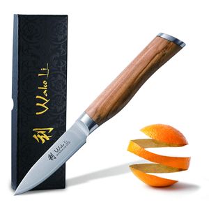 Wakoli Oliven Damast Officemesser, Klingenlänge 8,50 cm - sehr hochwertiges Profi Messer mit Olivenholzgriff