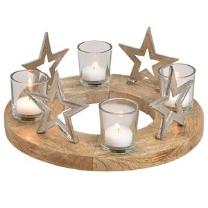 Adventskranz mit silbernen Sternen + 4 Teelichtgläsern Kerzenhalter aus Metall und Holz