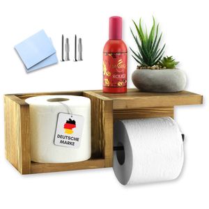Felino® Toilettenpapierhalter Klopapierhalter Halterung Kiefern Holz OHNE Bohren | Klorollenhalter selbstklebend mit Ablage | Vintage Bad Zubehör