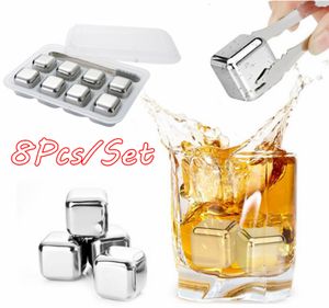 8 Stück Edelstahl Whisky Stein Eiswürfel Square Glacier Chiller Drink Wiederverwendbar Ice Cubes Set