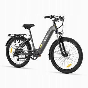 Elektrický bicykel DYU C1 City E-Bike Shimano 26 palcový sivý elektrický bicykel s indikátorom batérie, 3 jazdné režimy, nočné svetlá, pomoc pri pedálovaní