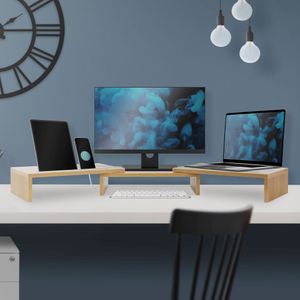 ML-Design Dual Monitor Stand Riser, 110x27x10,5 cm, Eichen-Optik, aus Holz, Monitorständer für 2 Monitore mit verstellbare Länge und Schwenkwinkel, 2 Halteschlitz, Unterbau Bildschirm, Monitorerhöhung Bildschirmständer