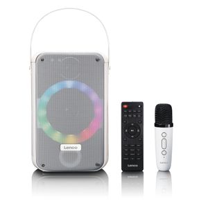 LENCO BTC-060WH - Karaoke-Set mit Bluetooth®, wiederaufladbarem Akku, drahtlosem Karaoke-Mikrofon und Disco-LED-Beleuchtung - Weiß
