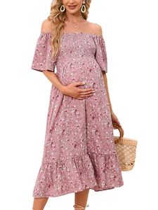 Damen Umstandskleider Schwangerschafts Kleid Sommerkleider Blumenkleid Strandkleid Rosa,Größe Xl