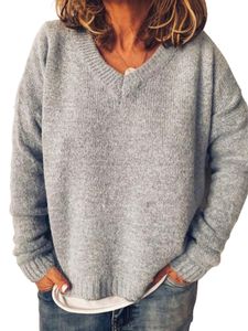Damen Sweatshirts V Neck Pullover Tops Lässige Strickpullover Stricken Langarmpullover Grau,Größe XXL