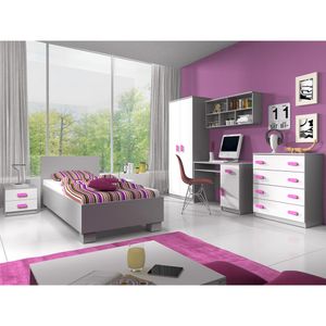 Kinderzimmer-Set Schrank Bett Wandregal Kommode Schreibtisch Nachttisch rosane Griffe Jonas II 01 (Grau/Weiß)