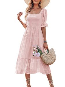 Damen Sommerkleider Puffärmel Maxikleider Langes Kleid Bohemian Freizeitkleider Rosa,Größe L