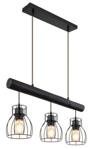 Globo Lighting Hängeleuchte Metall schwarz matt, Holz schwarz, Metall schwarz, Kabel Textil champagner, burned wood Holzbalken, LxBxH: 600x136x1400mm, exkl. 3x E27 60W 230V