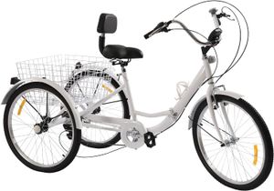 24 Zoll Klapprad Dreirad für Erwachsene mit Wasserbecherhalter & Scheinwerfer und Einkaufskorb (Weiß)