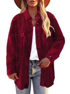 Blazer Damen Solid Color Outwear Herbst Revers Cord Hemd Jacke Losen Knopf Down Bluses Top ,Farbe: Rot ,Größe:L