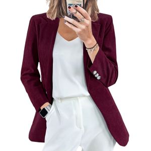 Damen Vintage Cord Revers Jacke Tops Damen Formal Button Up Blazer Mantel,Farbe: Weinrot,Größe:XL