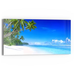 DEQORI Glasbild Echtglas 60x30 cm 'Palmen am Sandstrand' Wandbild Bild modern Deko