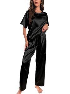 Damen Schlafanzüge Zweiteilige Kurzarm Pyjama Set Satin Nachtwäsche Hausanzug Schwarz,Größe 2xl