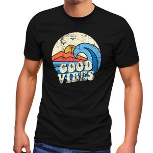 Herren T-Shirt Good Vibes Welle Hippie Slogan Statement Surf Design Vintage Retro Fashion Streetstyle Neverless® schwarz XL