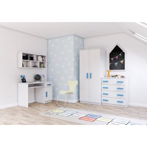 Kinderzimmer-Set Schrank Wandregal Kommode Schreibtisch blaue Griffe Jonas I 02 (Weiß/Weiß)