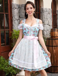 Acekool Dirndl Damen Midi Trachtenkleid mit Schürze und Bluse Trachtenmode Kleid für Oktoberfest Hellblau 38