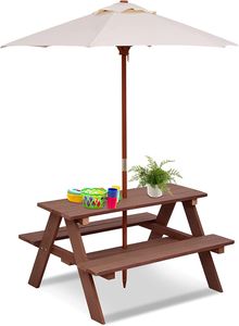 COSTWAY Kinder Sitzgruppe mit abnehmbarem Sonnenschirm, Kindermöbel Holz Sitzgarnitur Kindertisch Picknickbank 4 Sitze verfügbar