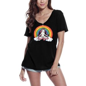Damen Grafik T-Shirt V-Ausschnitt Lustiges Einhorn Regenbogen Yoga - spirituelle Meditation – Funny Unicorn Rainbow Yoga - Spiritual Meditation
