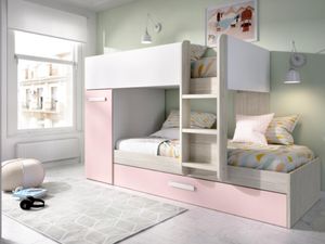 Etagenbett Ausziehbett mit Stauraum - 3x 90 x 190 cm - Weiß, Naturfarben & Rosa - ANTHONY