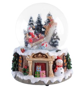 Schneekugel/Spieluhr mit Weihnachtsmann auf Schlitten ⌀100mm, weihnachtlicher Sockel mit Kamin Musik, H: 14,5cm