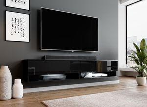FURNIX TV-Schrank ALYX Lowboard Loft Design Fernsehschrank 180 cm modern glänzend mit LED Beleuchtung Schwarz - Hochglanz Schwarz