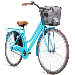 Bergsteiger Amsterdam Damenfahrrad 28 Zoll, mit Korb, Fahrrad-Licht, Rücktrittbremse, Rahmenhöhe 48 cm,Hollandrad im Retro-Design, Farbe Türkis