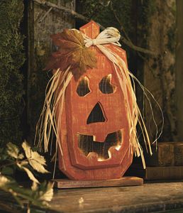LED Kürbis "Jack" aus Holz, orange, 33 cm hoch, Halloweendeko, Dekofigur, Leuchtkürbis, Leuchtdeko