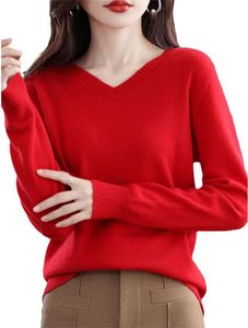 ASKSA Damen Wolle V-Ausschnitt Pullover Leicht Sweater Elegant Strickpullover Slim Fit Warm Pulli Basic Sweatshirt, Rotwein, M